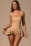 Ruffled Lace Up Corset Playsuit in Tan