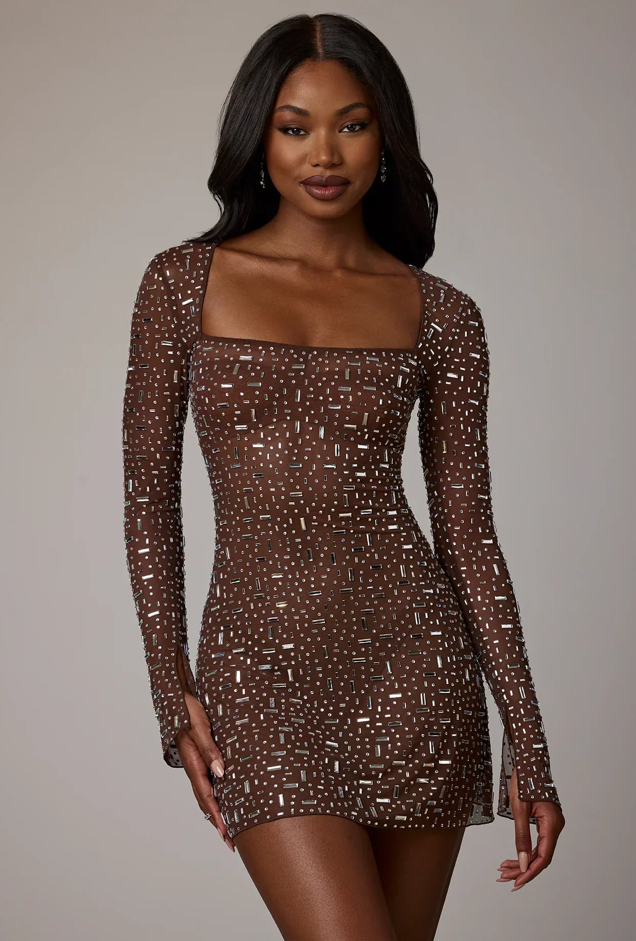 Sheer Embellished Long Sleeve A Line Mini Dress in Deep Cocoa