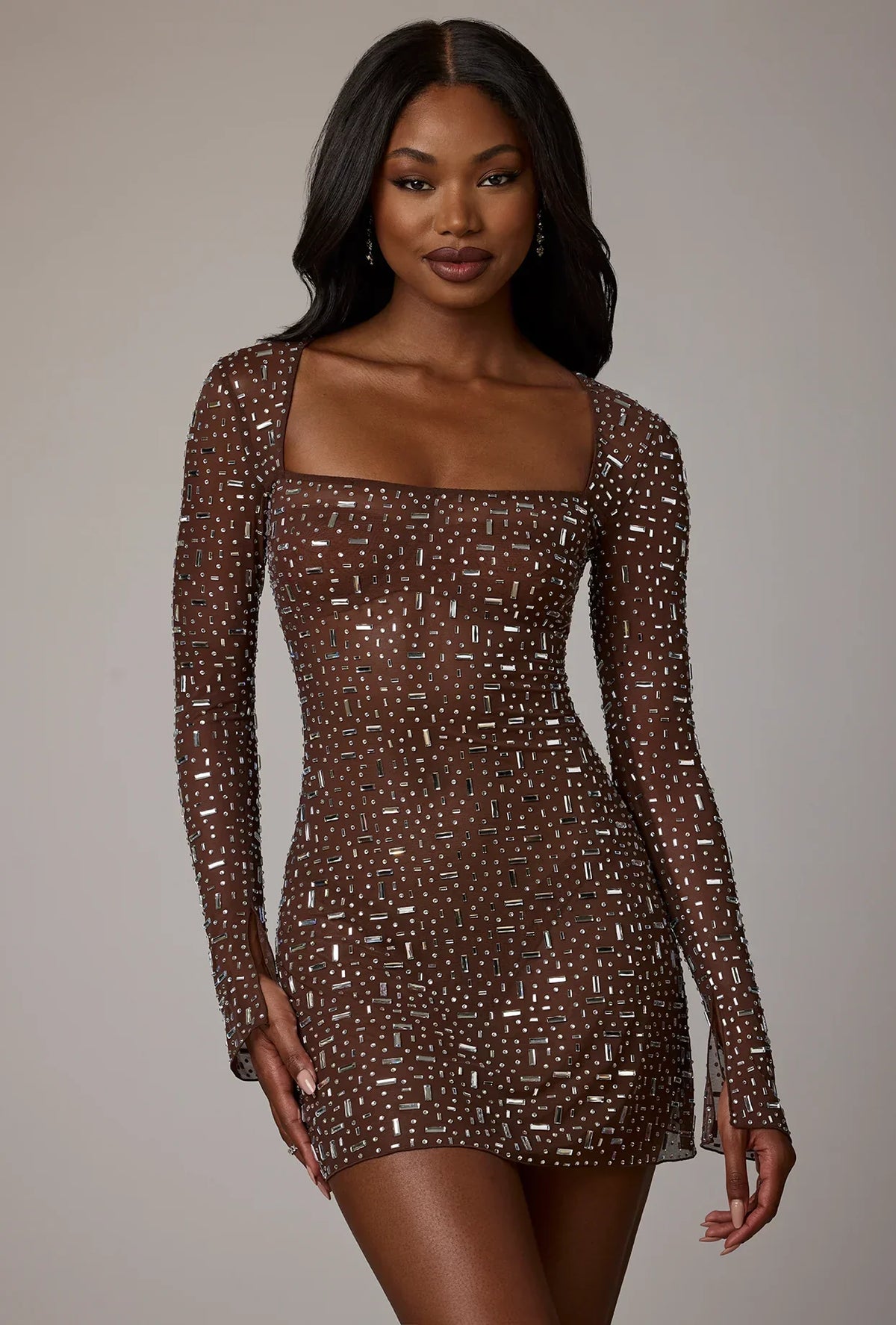 Sheer Embellished Long Sleeve A Line Mini Dress in Deep Cocoa