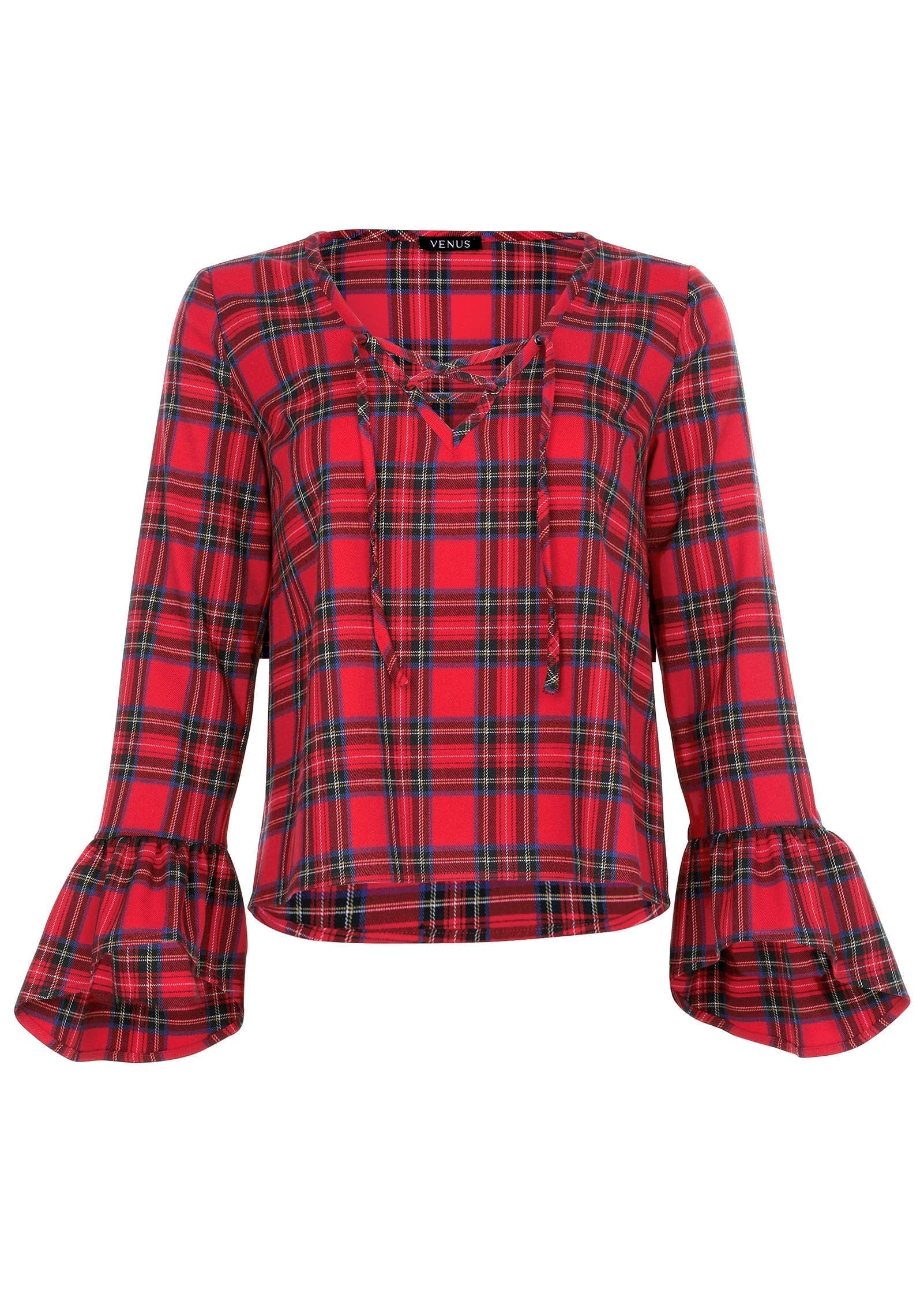 Plaid Ruffle Sleeve Top Racing Red Multi
