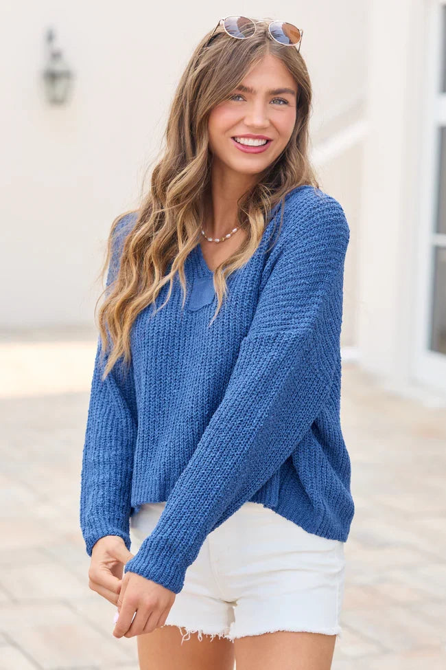 Mckenzie Blue Open Knit V Neck Sweater