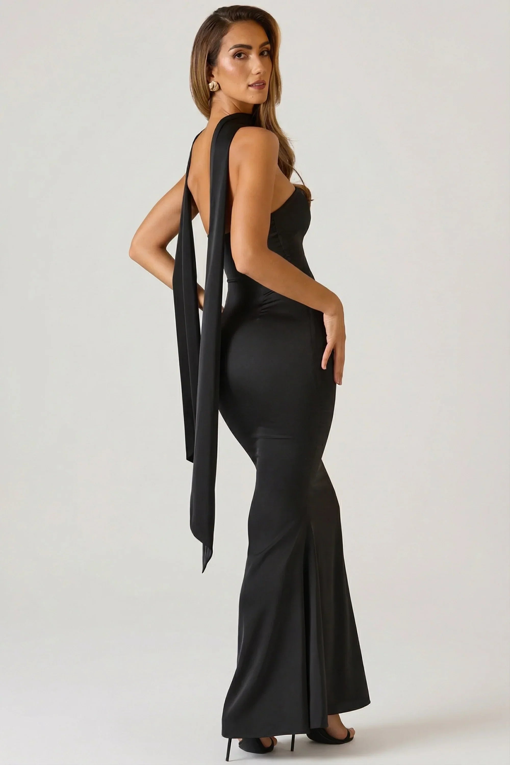 Scarf Detail Strapless Gown in Black