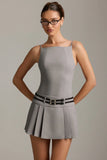 Belted Backless Pleated Mini Dress in Grey