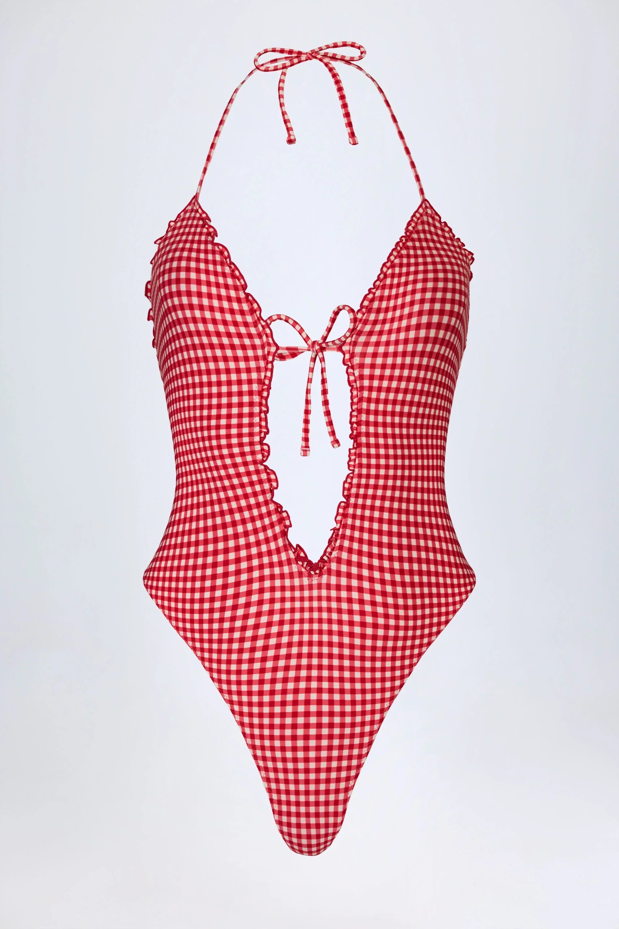Ruffled Cut Out Halterneck Swimsuit in Red Gingham