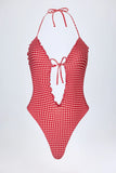 Ruffled Cut Out Halterneck Swimsuit in Red Gingham