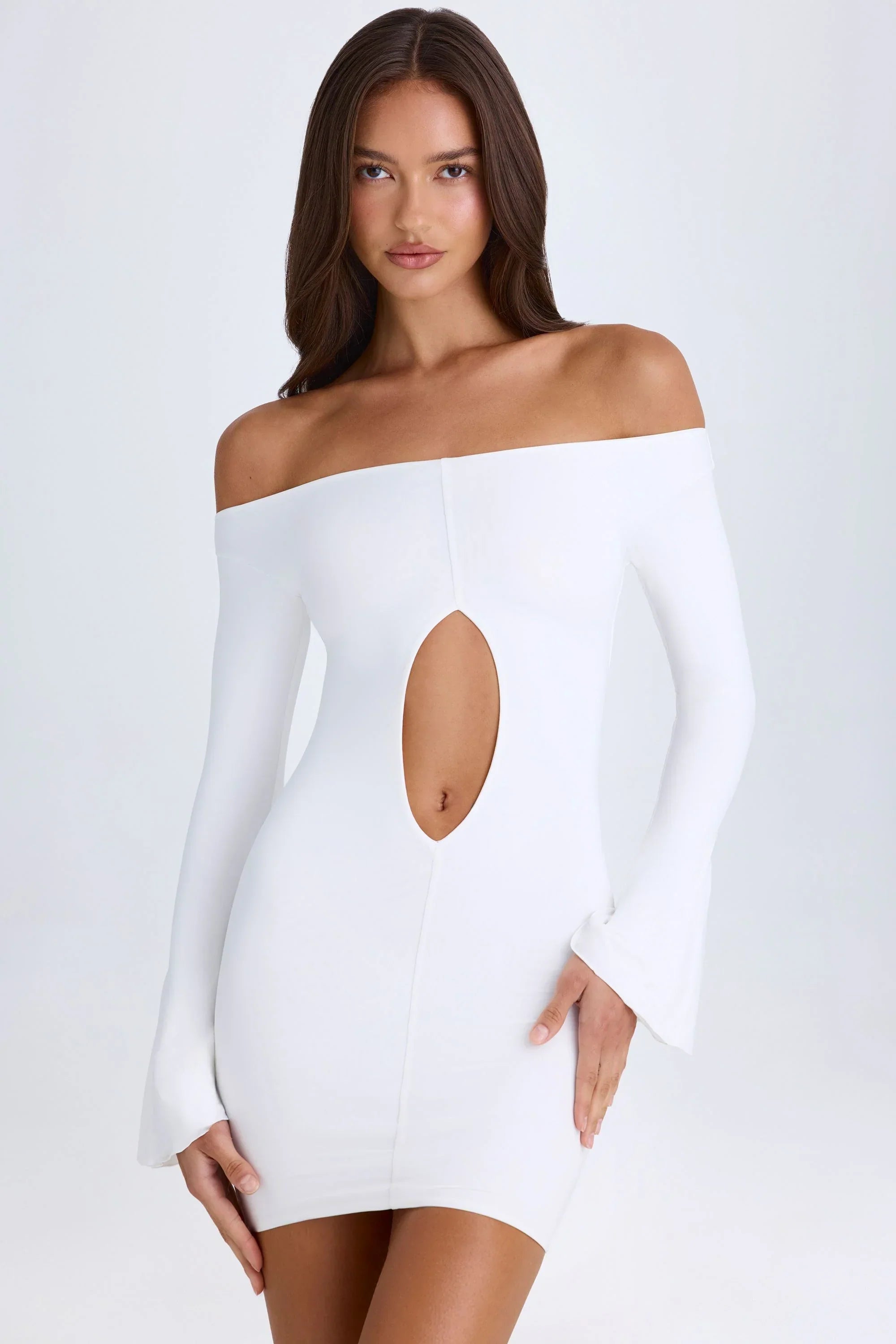 Off Shoulder Cut Out Mini Dress in White