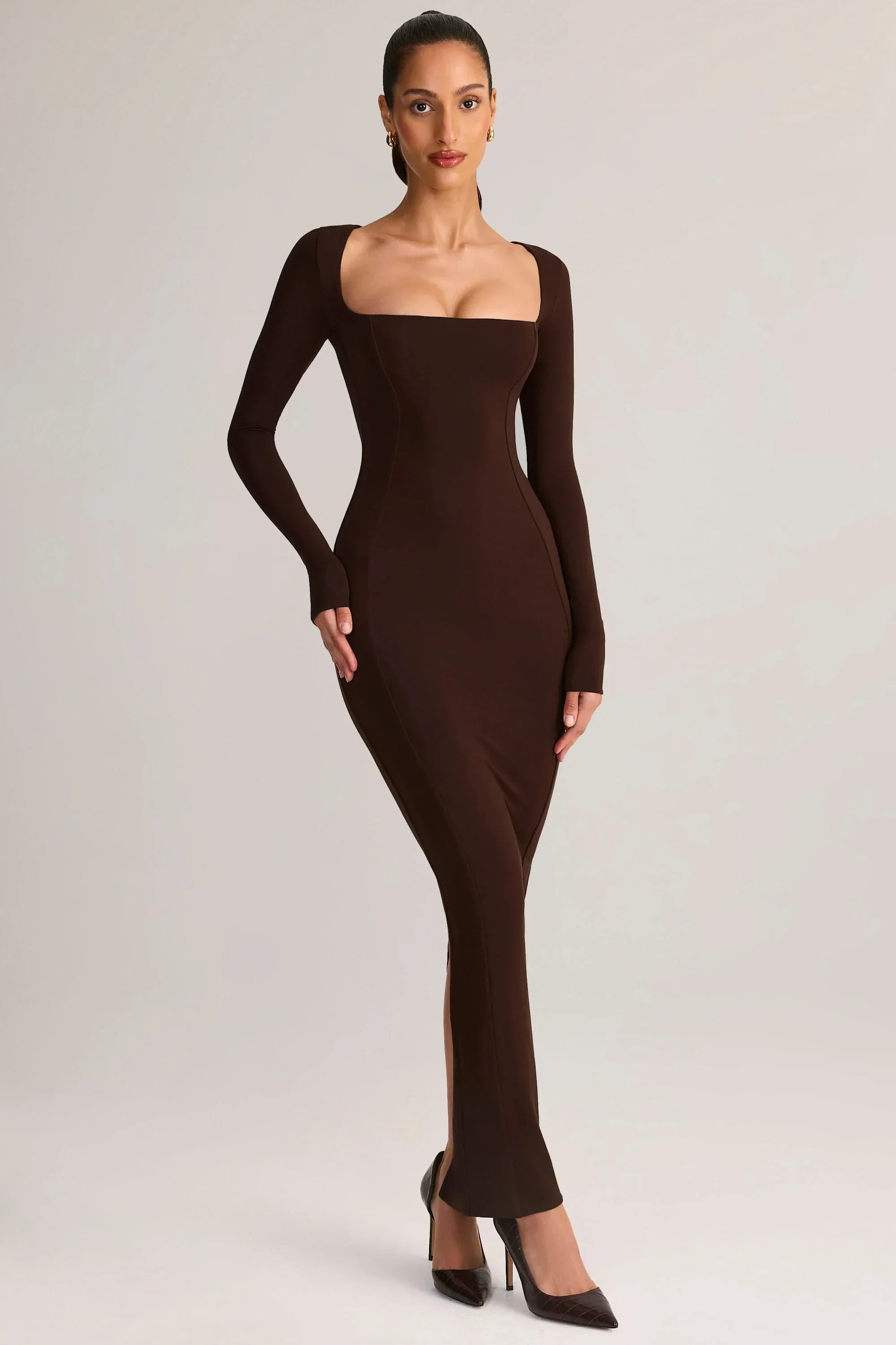 Modal Square Neck Bodycon Maxi Dress in Chocolate Brown