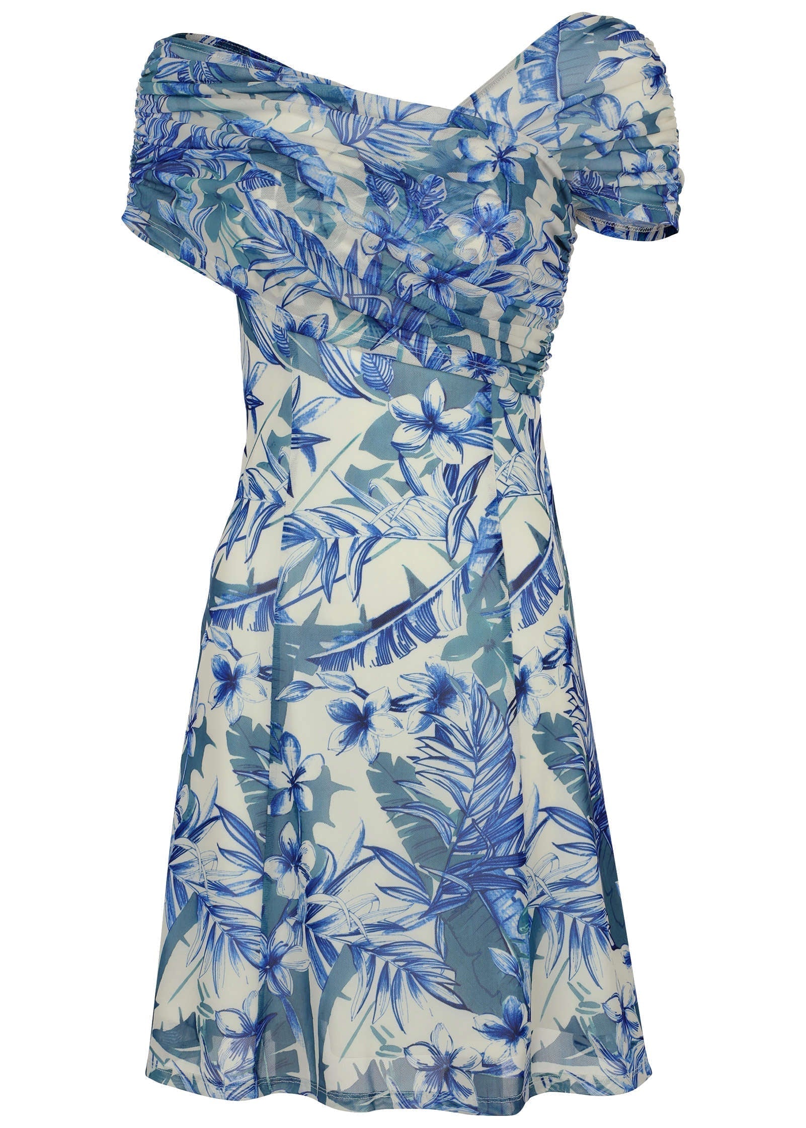One Shoulder Mesh Mini Denim Floral