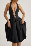 Halterneck Bow Detail Midi Dress in Black