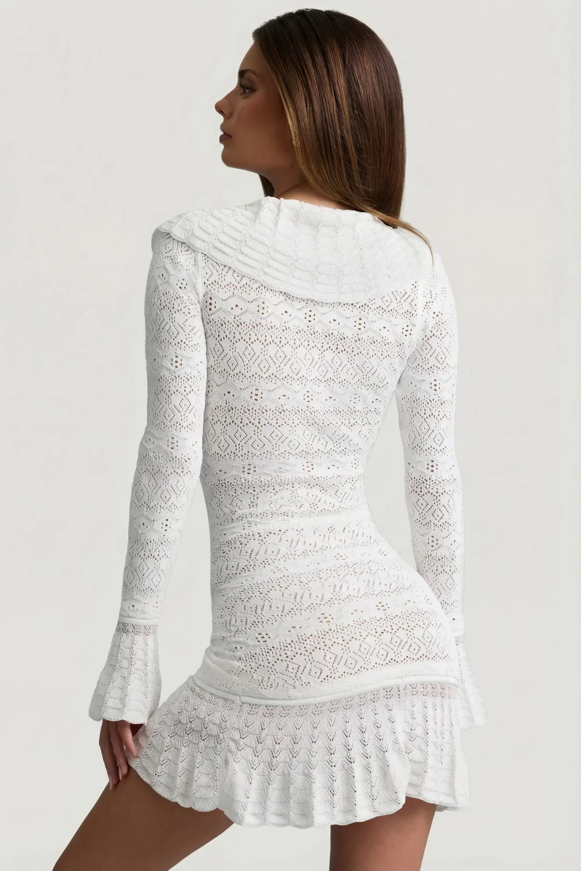 Ruffle Trim Pointelle Knit Mini Dress in White