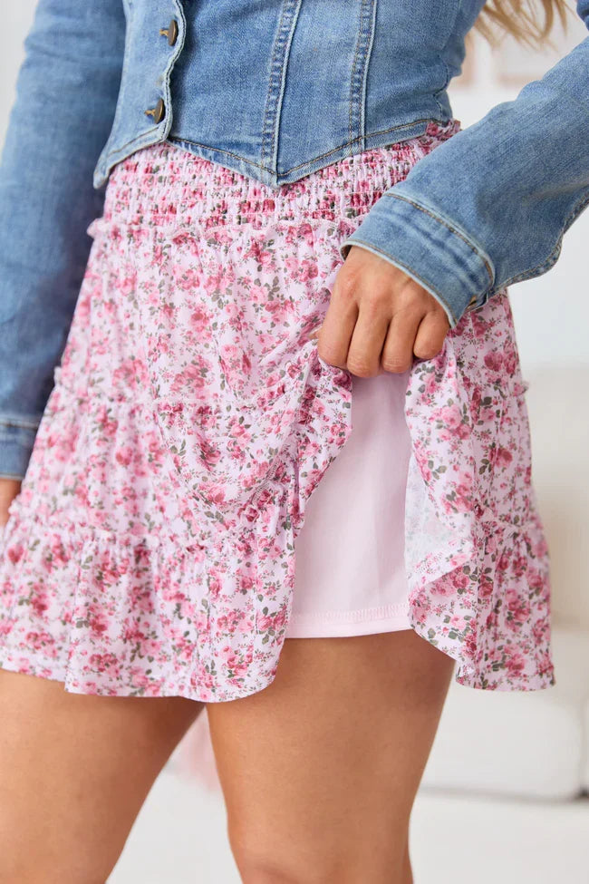 Through The Garden Pink Floral Mesh Skort