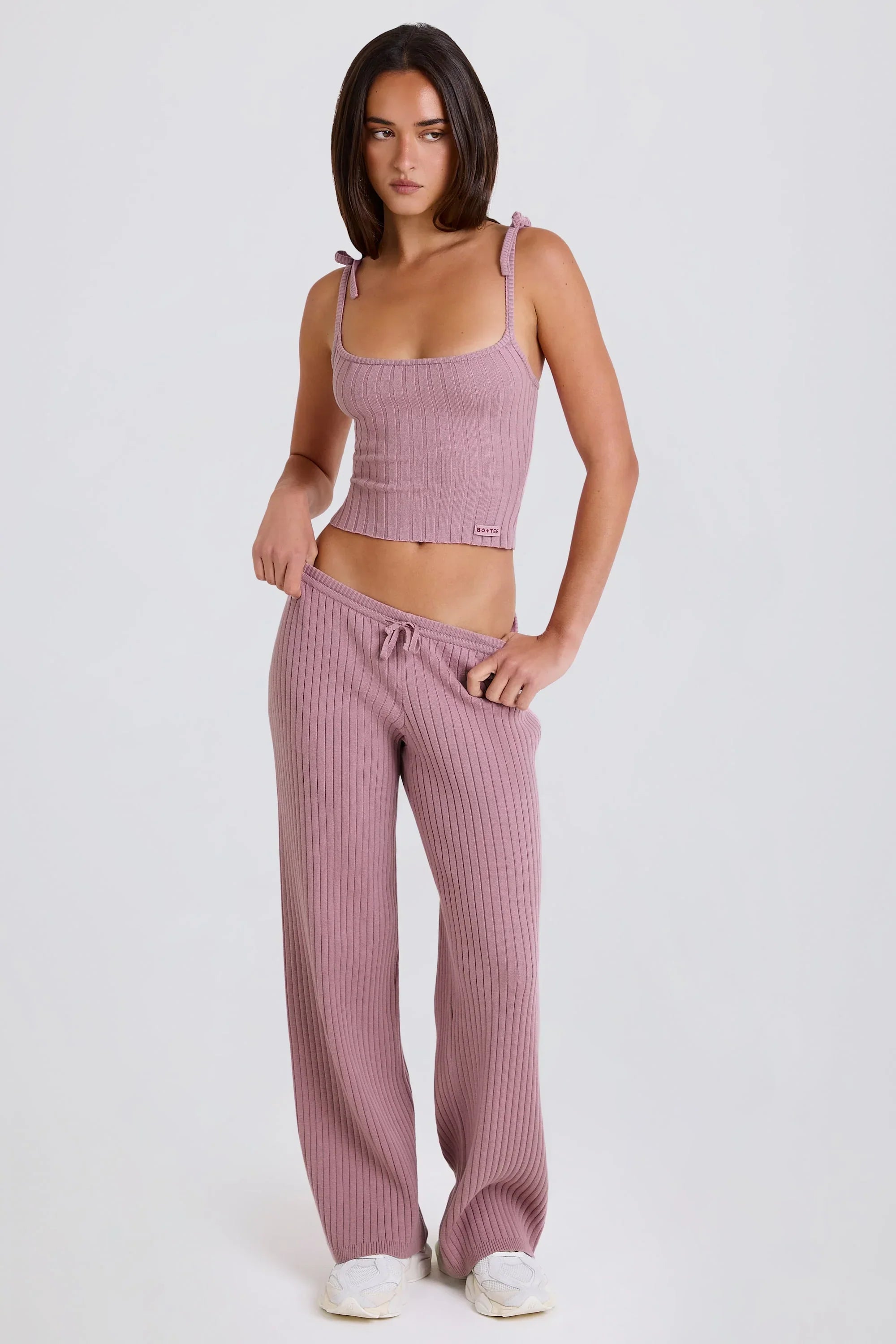 Ribbed Knit Wide Leg Joggers in Mauve