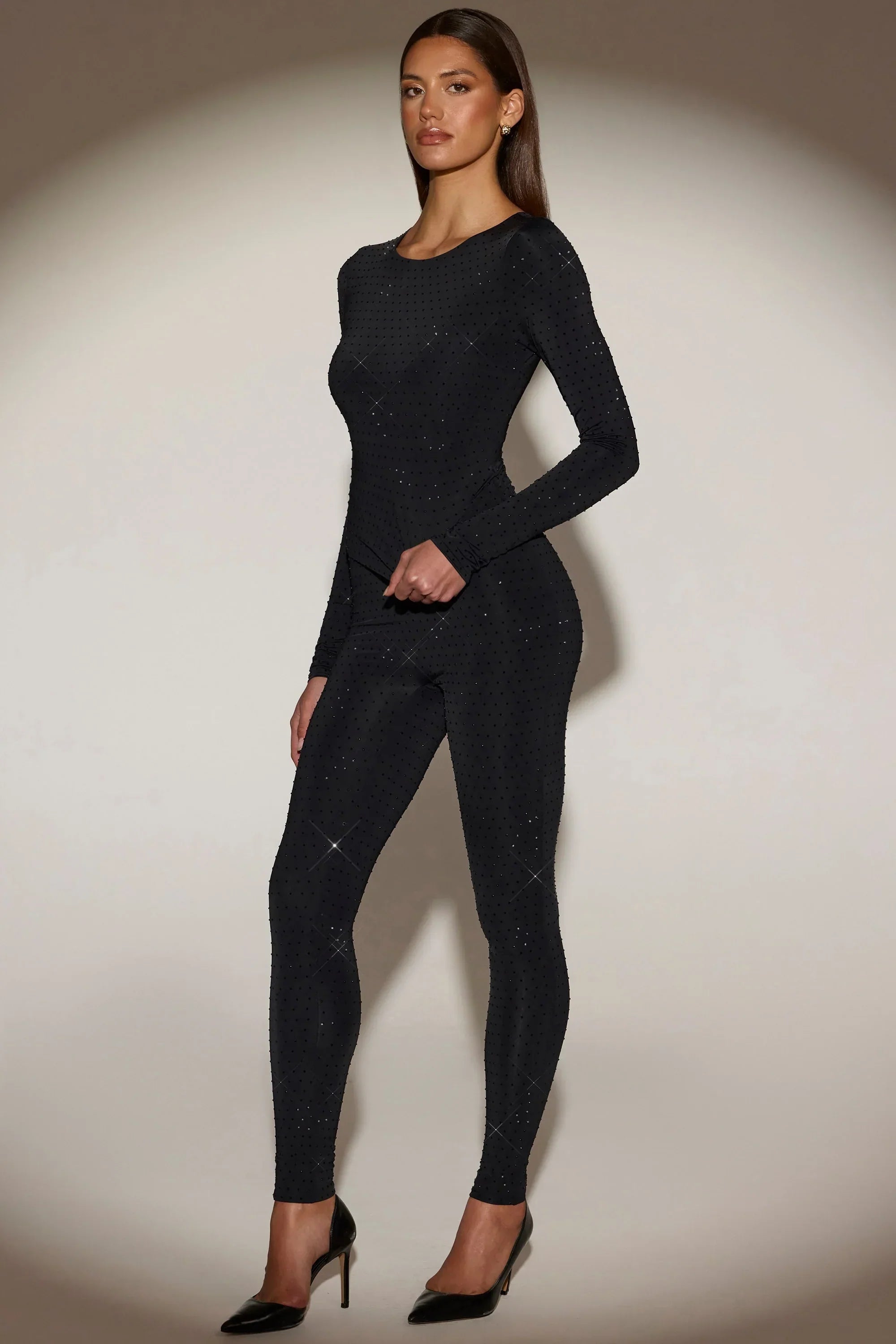 Embellished Crew Neck Long Sleeve Top in Black