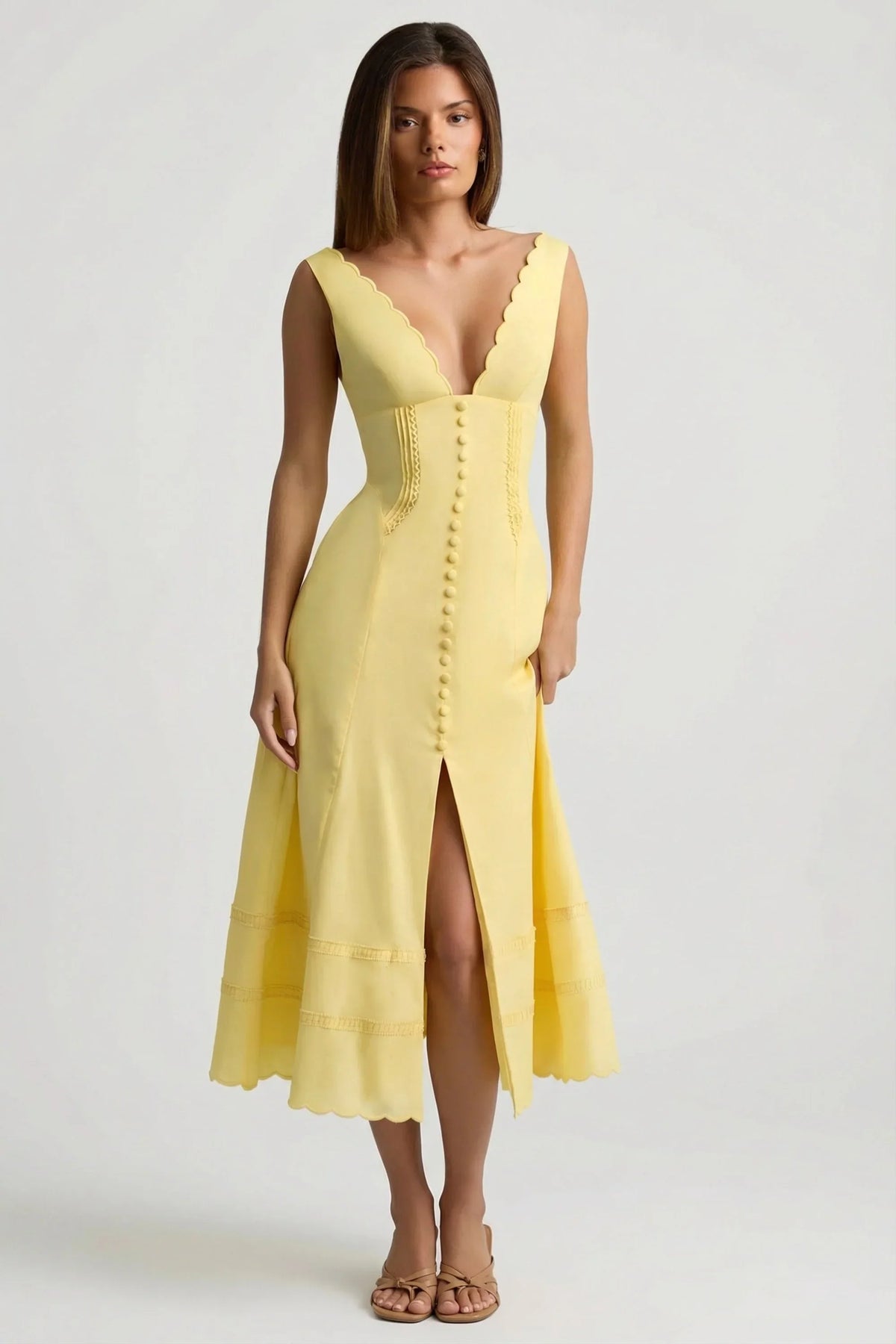 Cotton Poplin A Line Midaxi Dress in Pastel Yellow