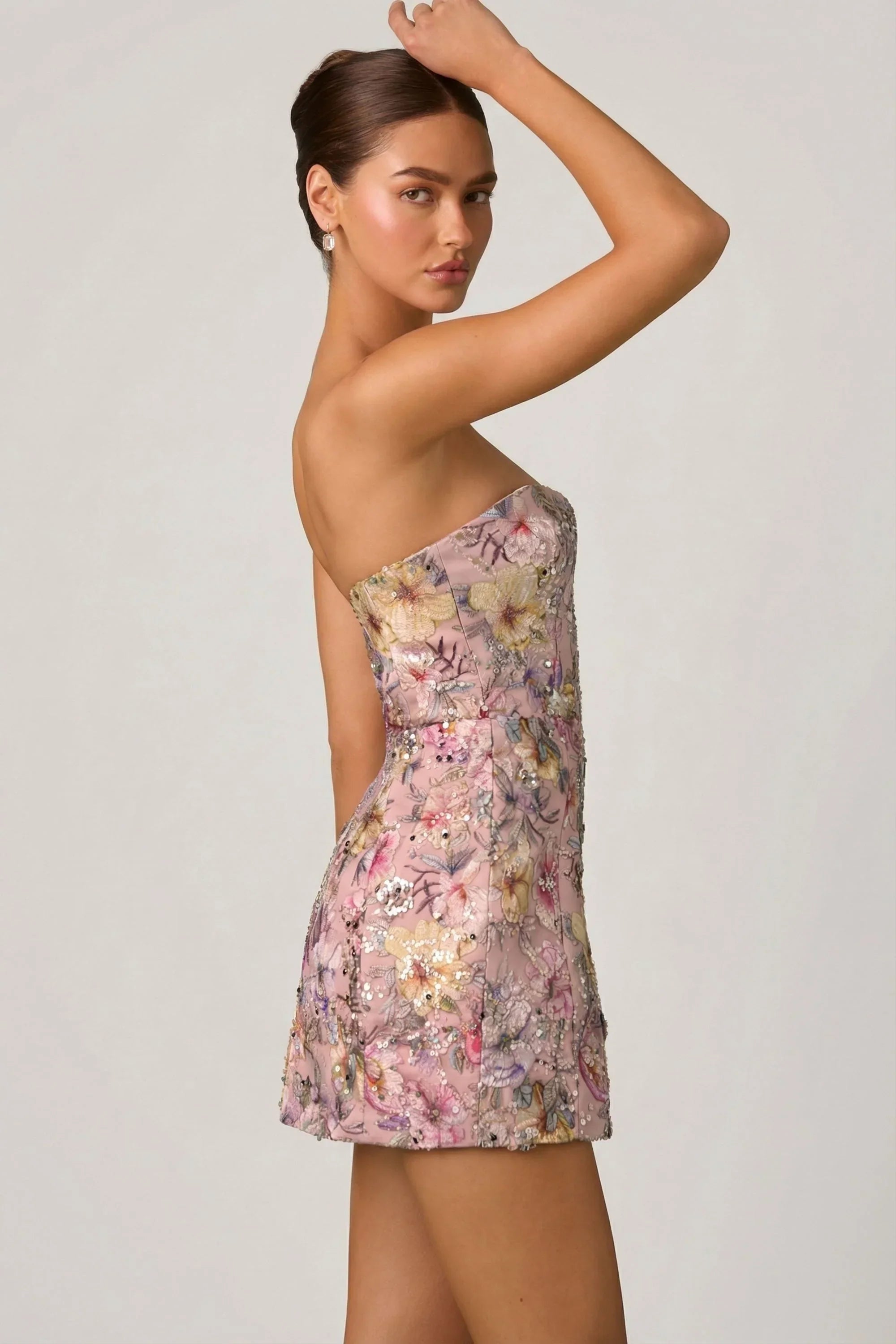 Embellished Convertible Lace Up Gown in Floral Pink