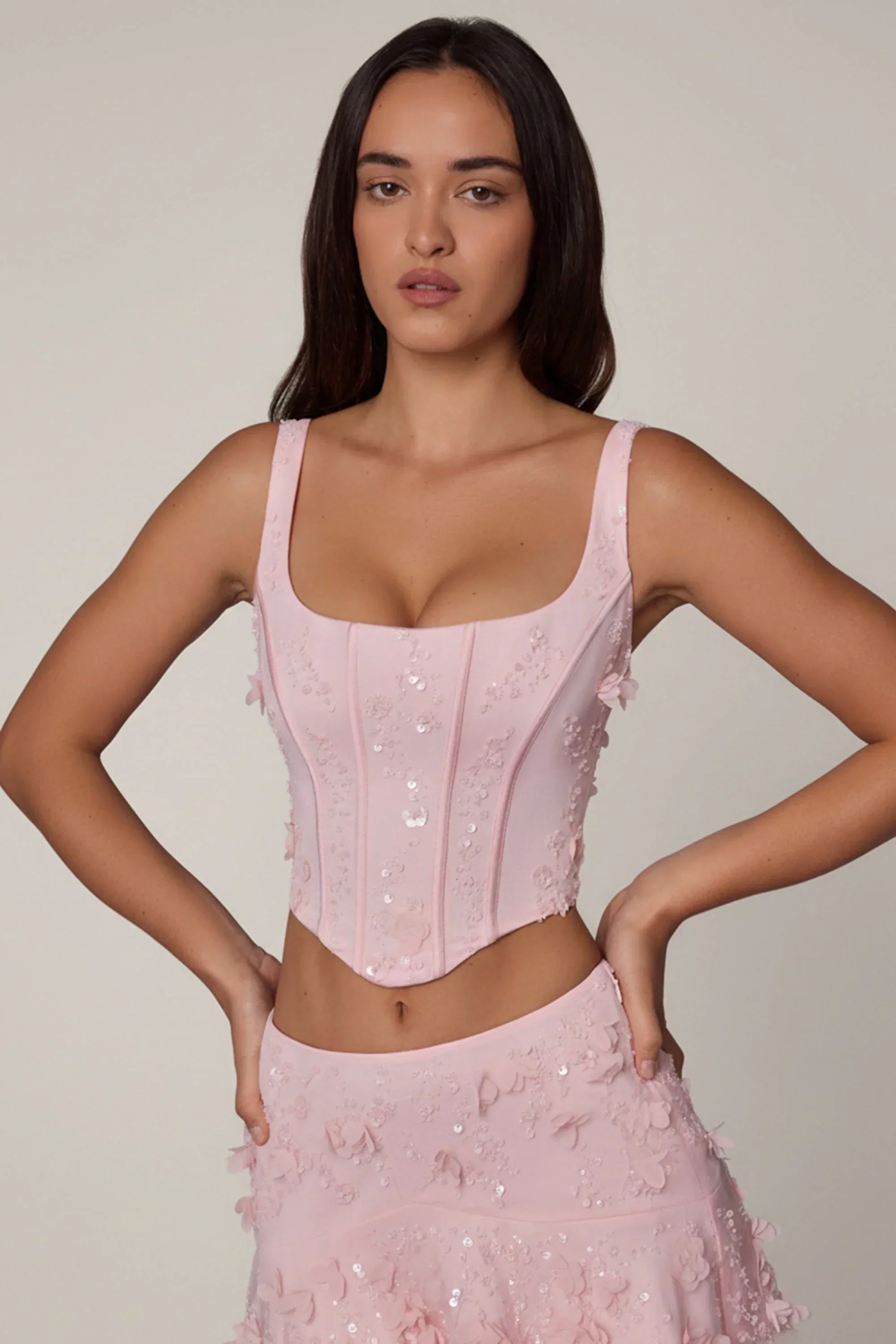 Embellished Lace Up Corset Top in Soft Pink