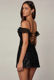Embellished Lace Up A Line Mini Dress in Black
