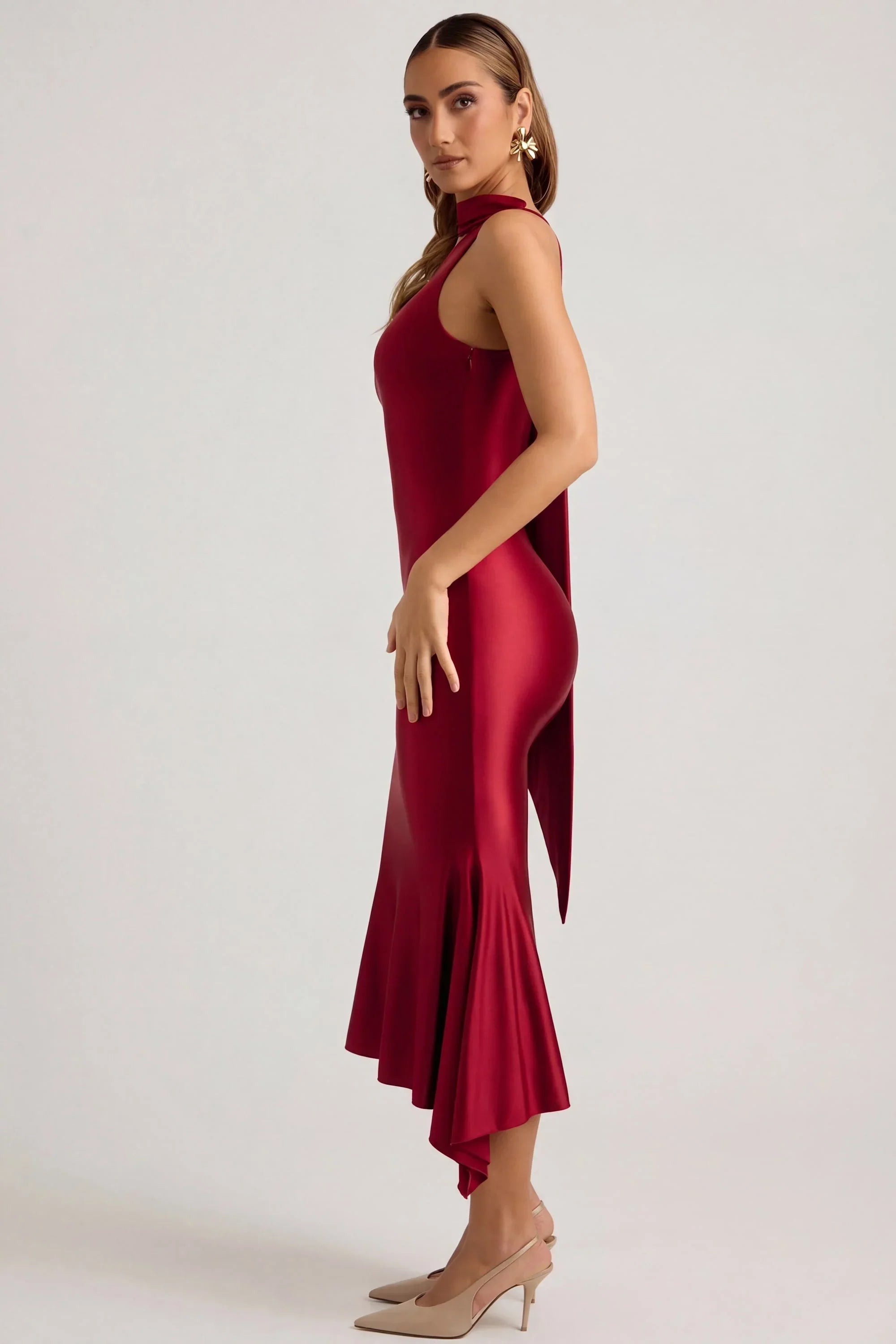 Asymmetric Scarf Detail Midaxi Dress in True Red