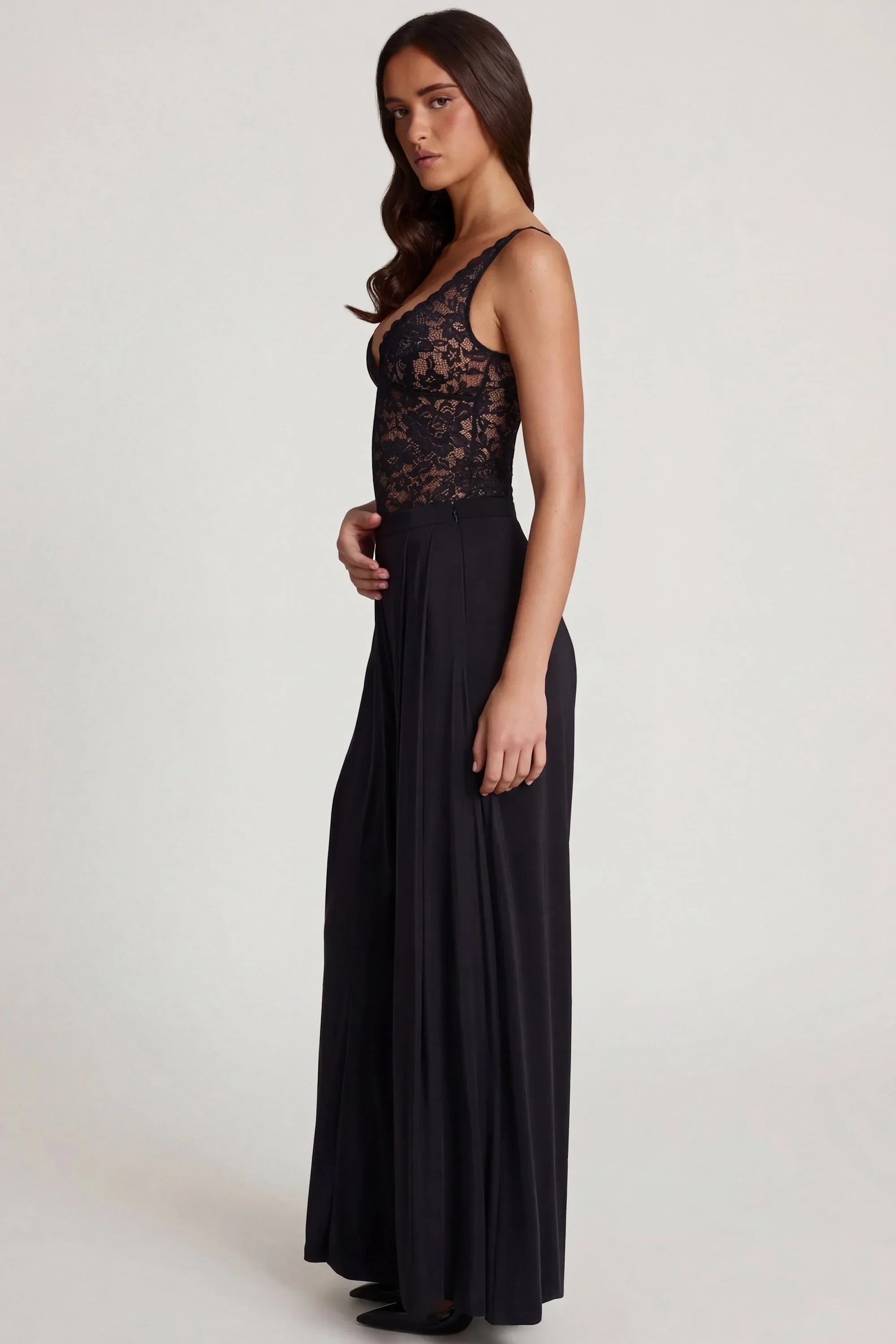 Soft Jersey Mid Rise Wide Leg Trousers in Black