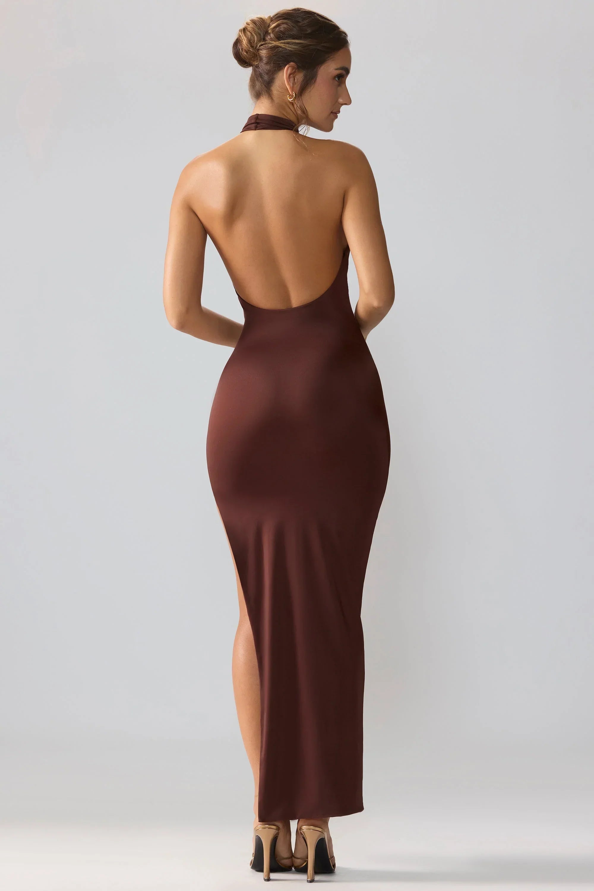Jersey Cowl Neck Backless Maxi Dress in Espresso