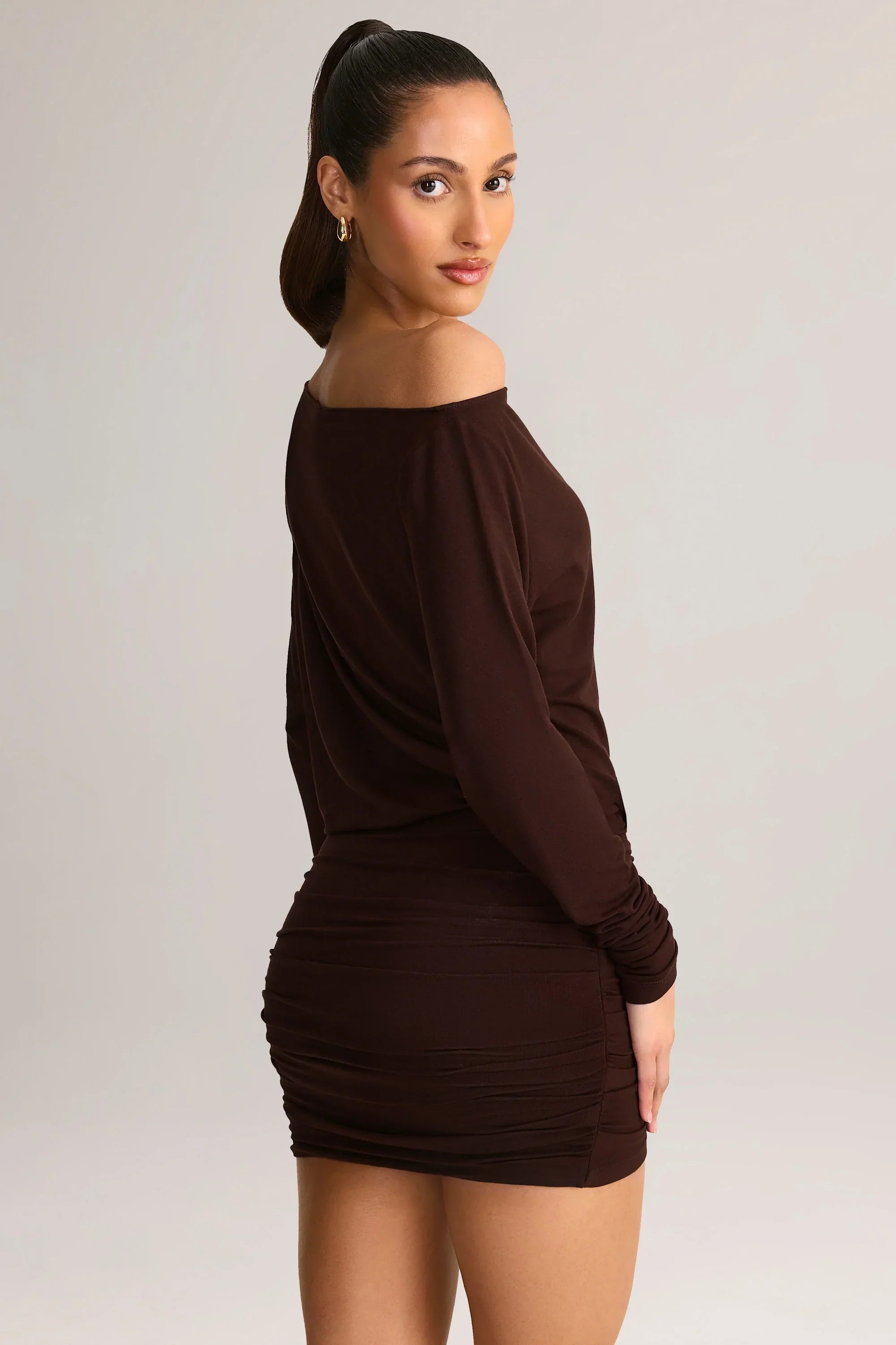 Modal Off Shoulder Wrap Mini Dress in Chocolate Brown