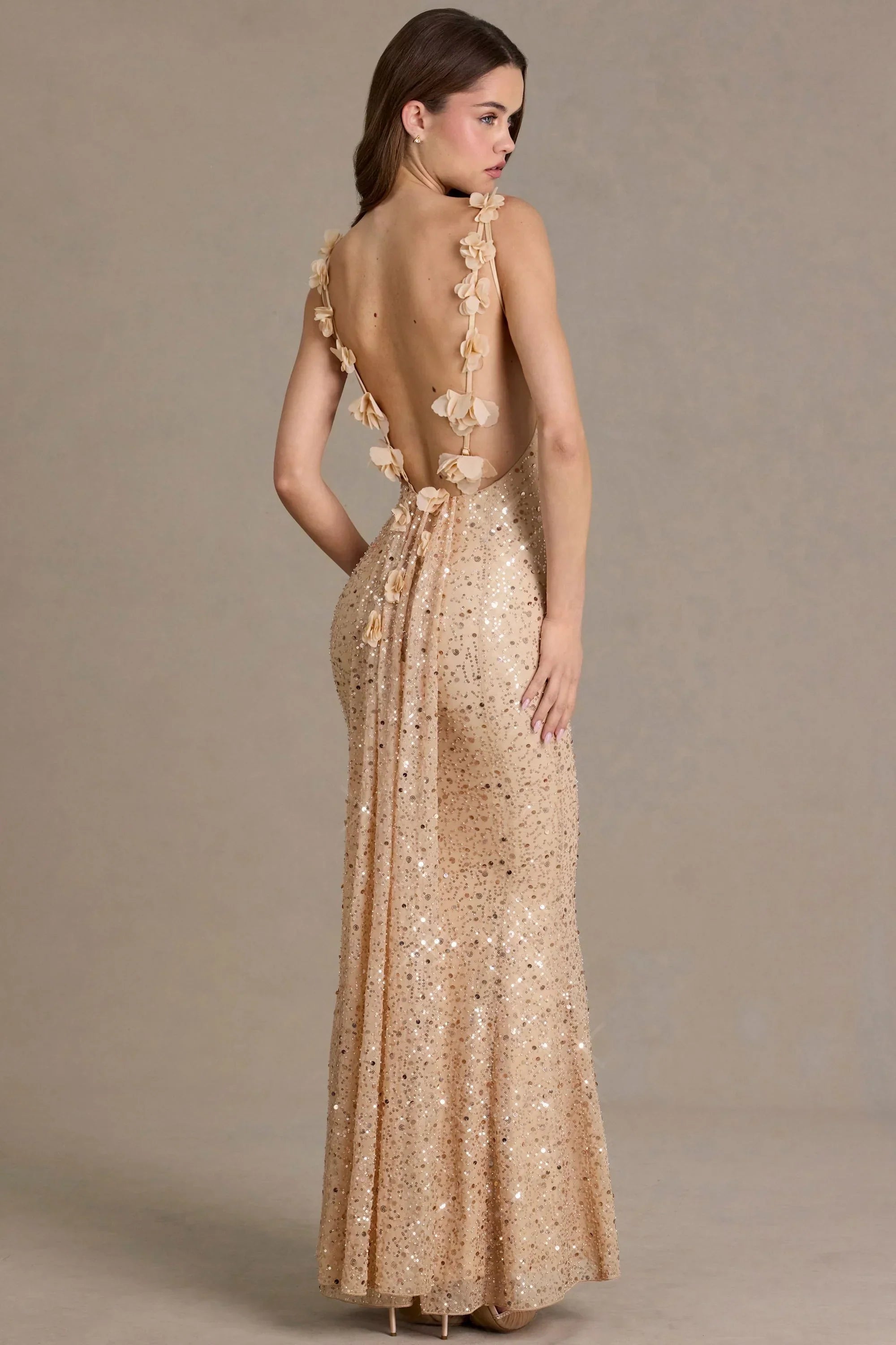 Embellished Open Back Maxi Dress in Gold