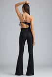 Metallic Ruched Cut Out Flared Jumpsuit in Black