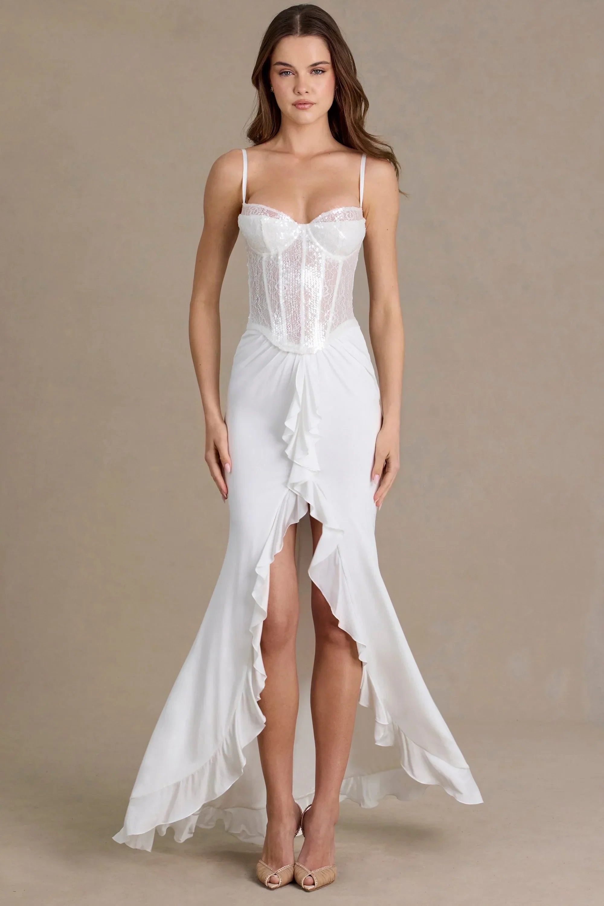Embellished Lace Corset Gown in Snow