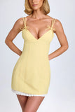 Bow Detail Pleated Mini Dress in Pastel Yellow