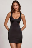Scoop Neck Lace up Back Mini Dress in Black