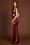 Fringed Plunge Neck Maxi Dress in Wine Red