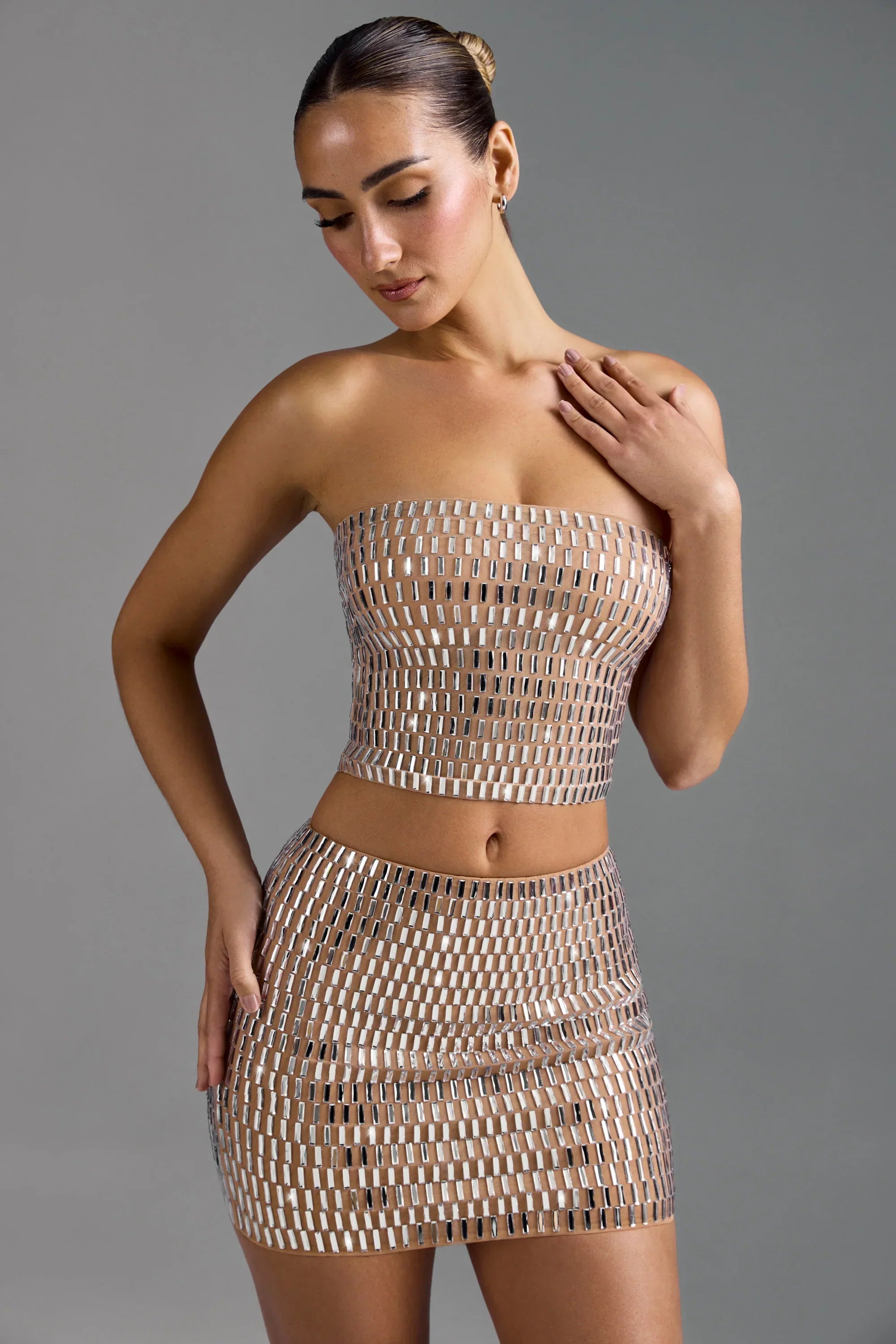Embellished Low Rise Micro Mini Skirt in Almond