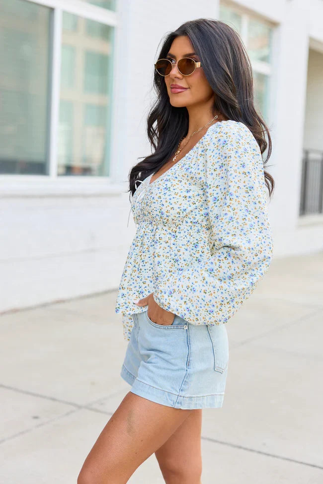 Kileigh Blue Floral Long Sleeve Babydoll Top