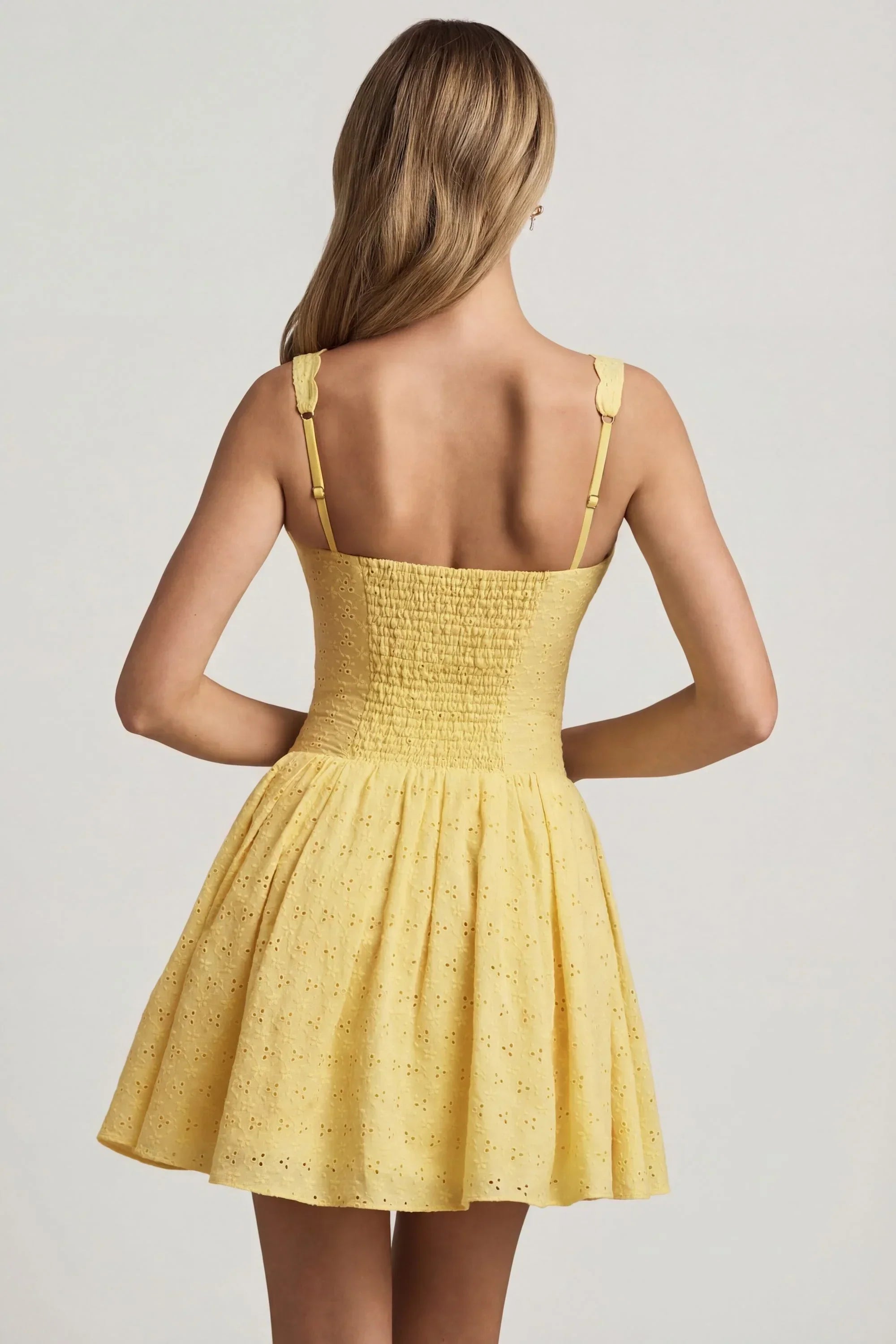 Broderie Anglaise Bow Detail A Line Mini Dress in Pastel Yellow