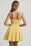 Broderie Anglaise Bow Detail A Line Mini Dress in Pastel Yellow