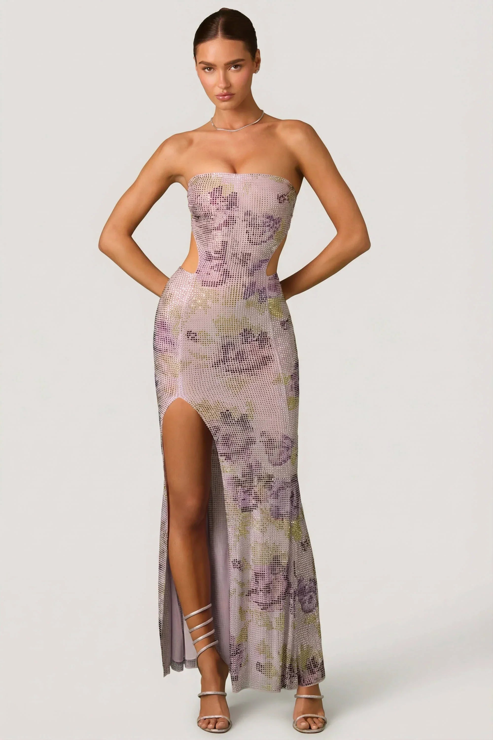 Embellished Cut Out Fishtail Maxi Dress in Lilac
