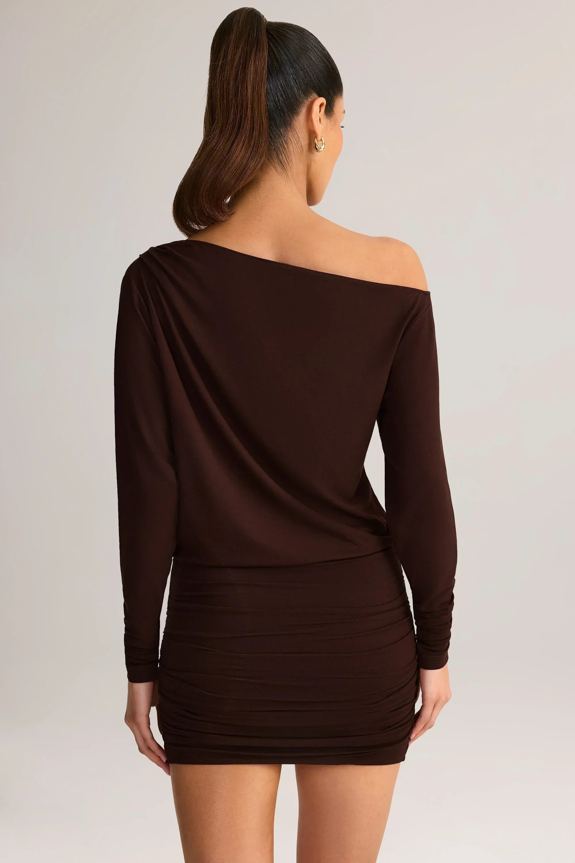 Modal Off Shoulder Wrap Mini Dress in Chocolate Brown