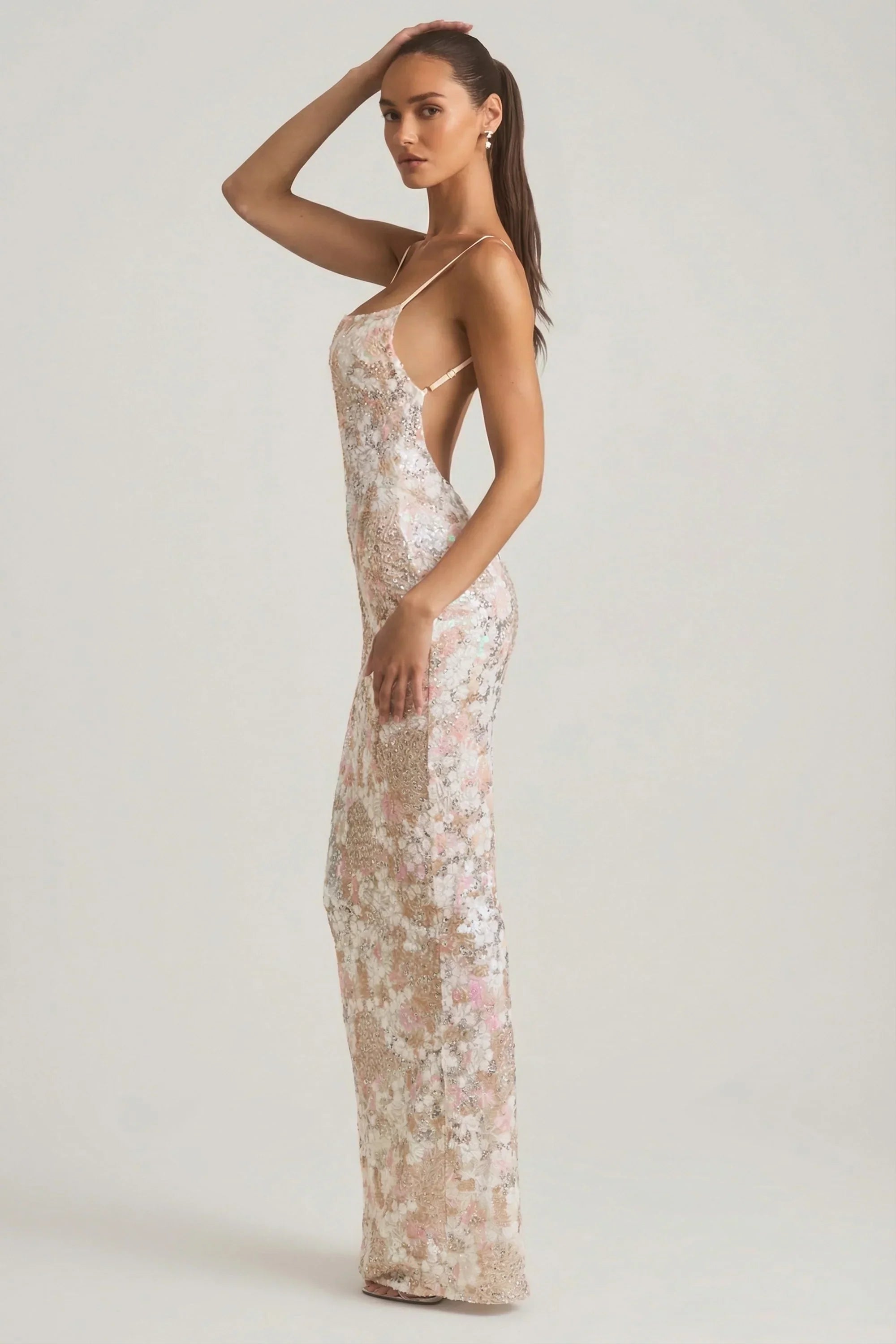 Embellished Scoop Neck Backless Maxi Dress in Ivory