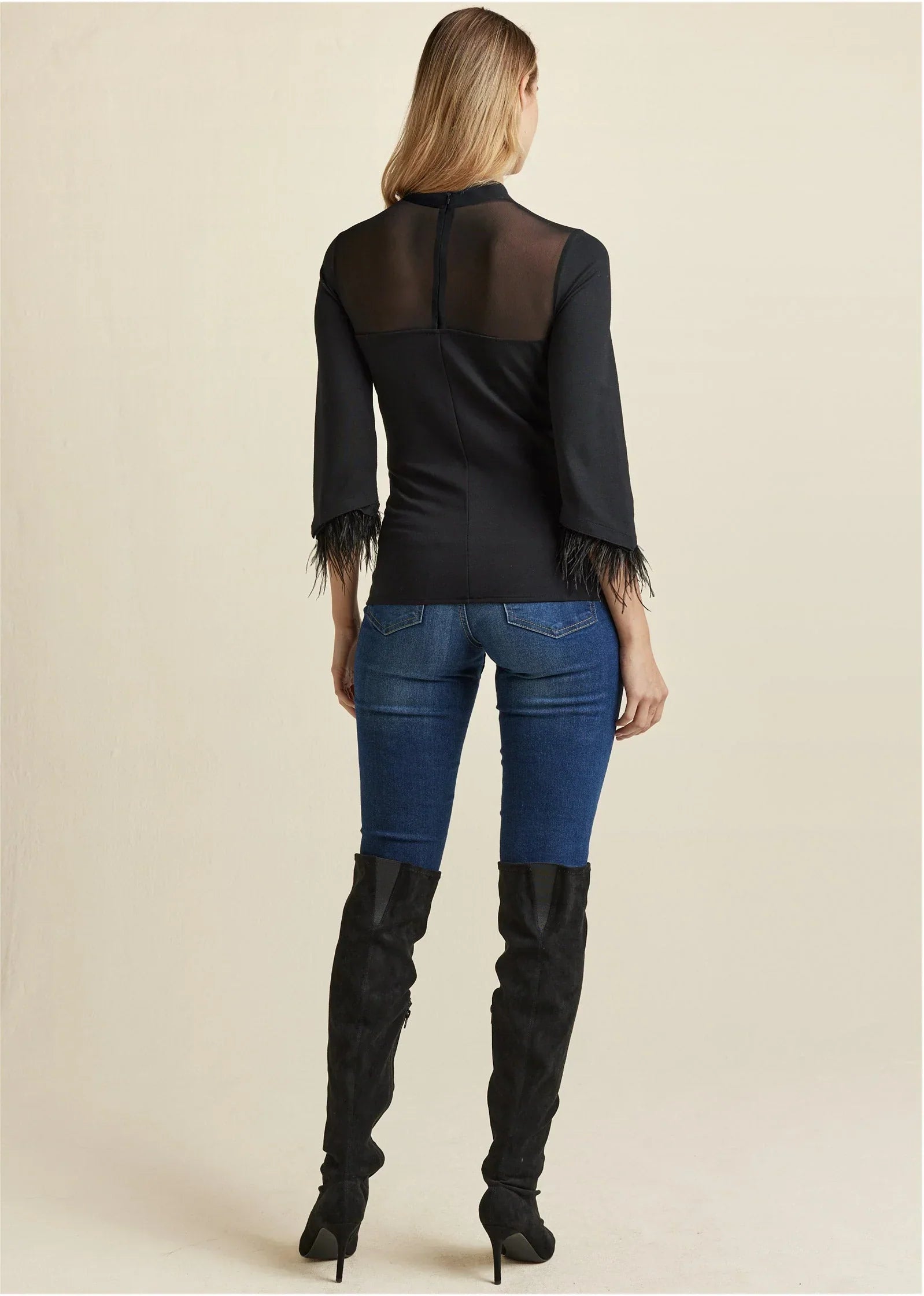 Feather Cuff Mock Neck Top Black