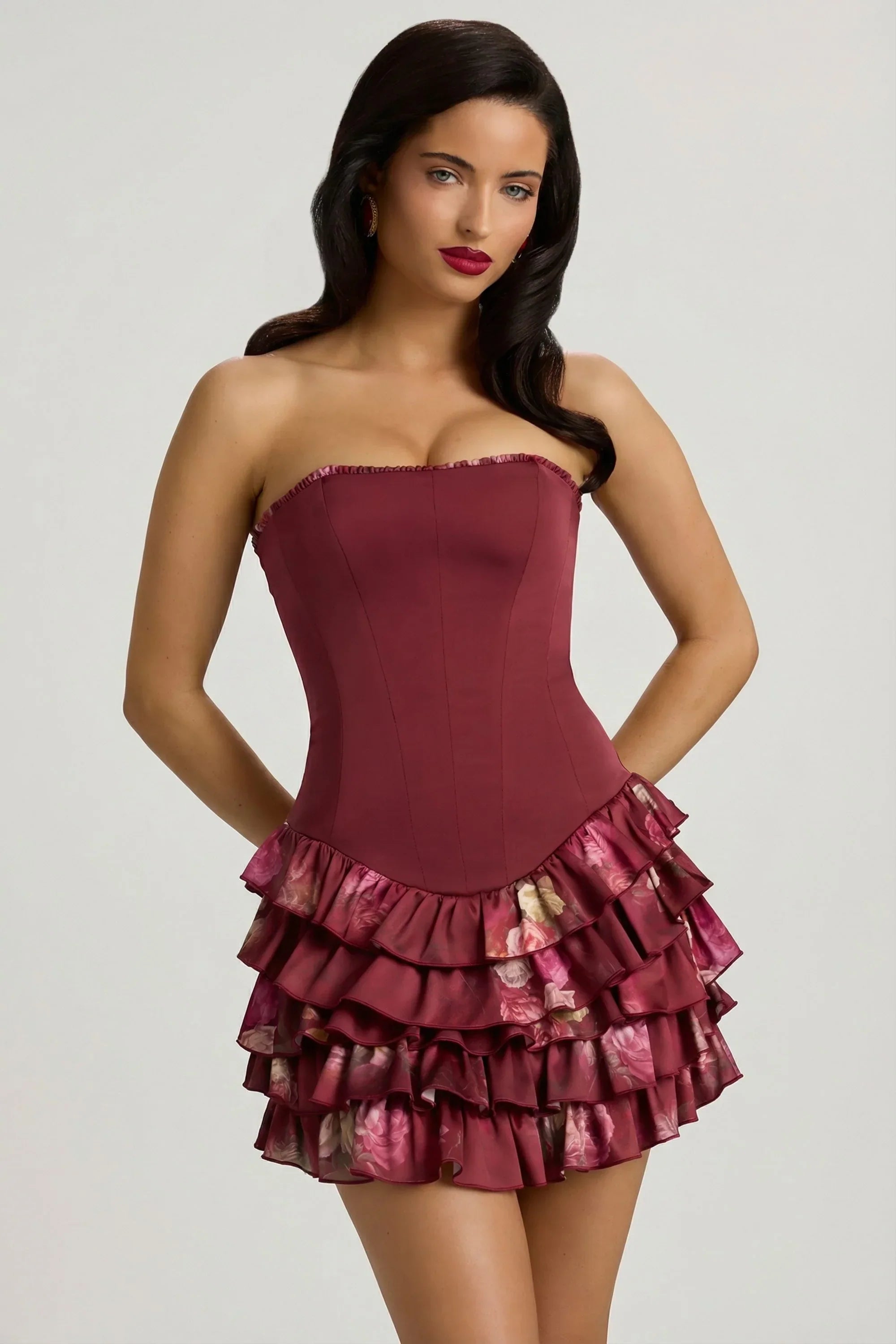 Strapless Ruffled Tiered Corset Mini Dress in Maroon Floral Print