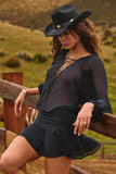 Lace Up Balloon Sleeve Mini Dress in Black
