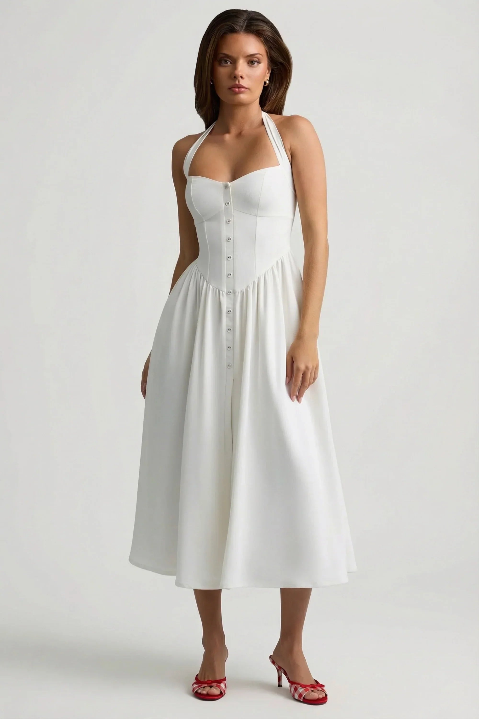 Button Detail Halterneck Midaxi Dress in White