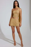 Embellished Low Rise A Line Micro Mini Skirt in Gold