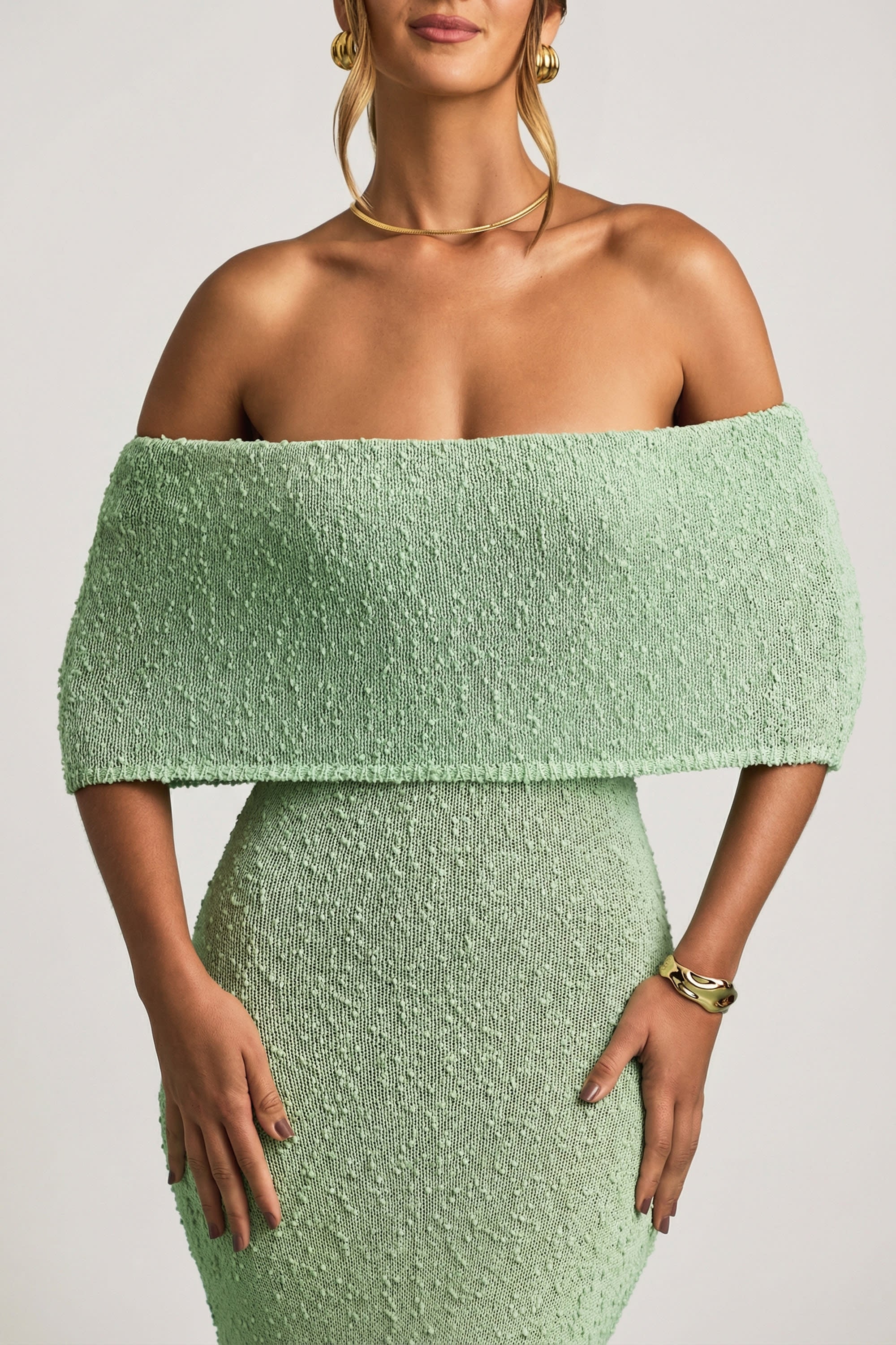 Bouclé Off Shoulder Maxi Dress in Mint