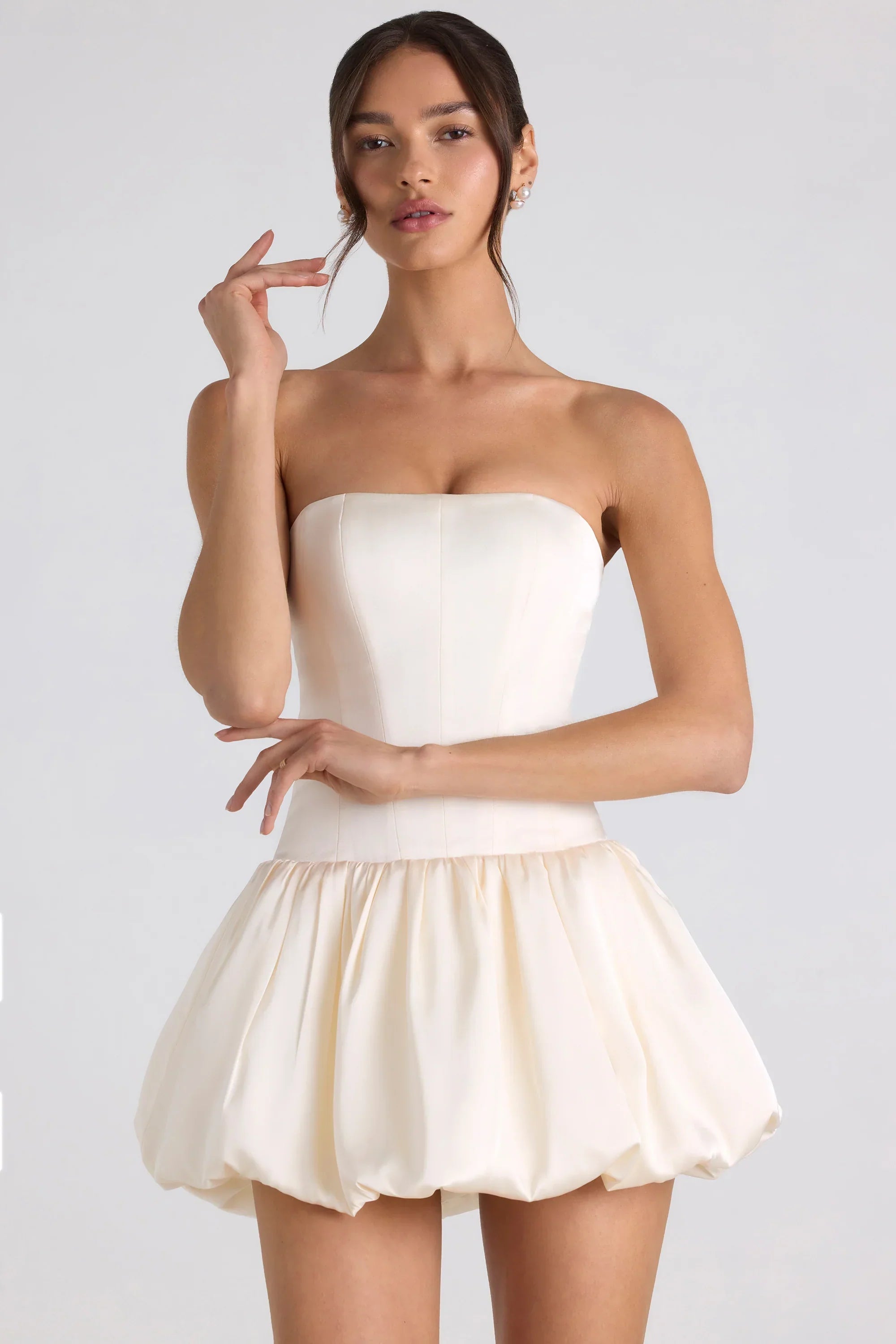 Lace Up Bubble Hem Corset Mini Dress in Ivory