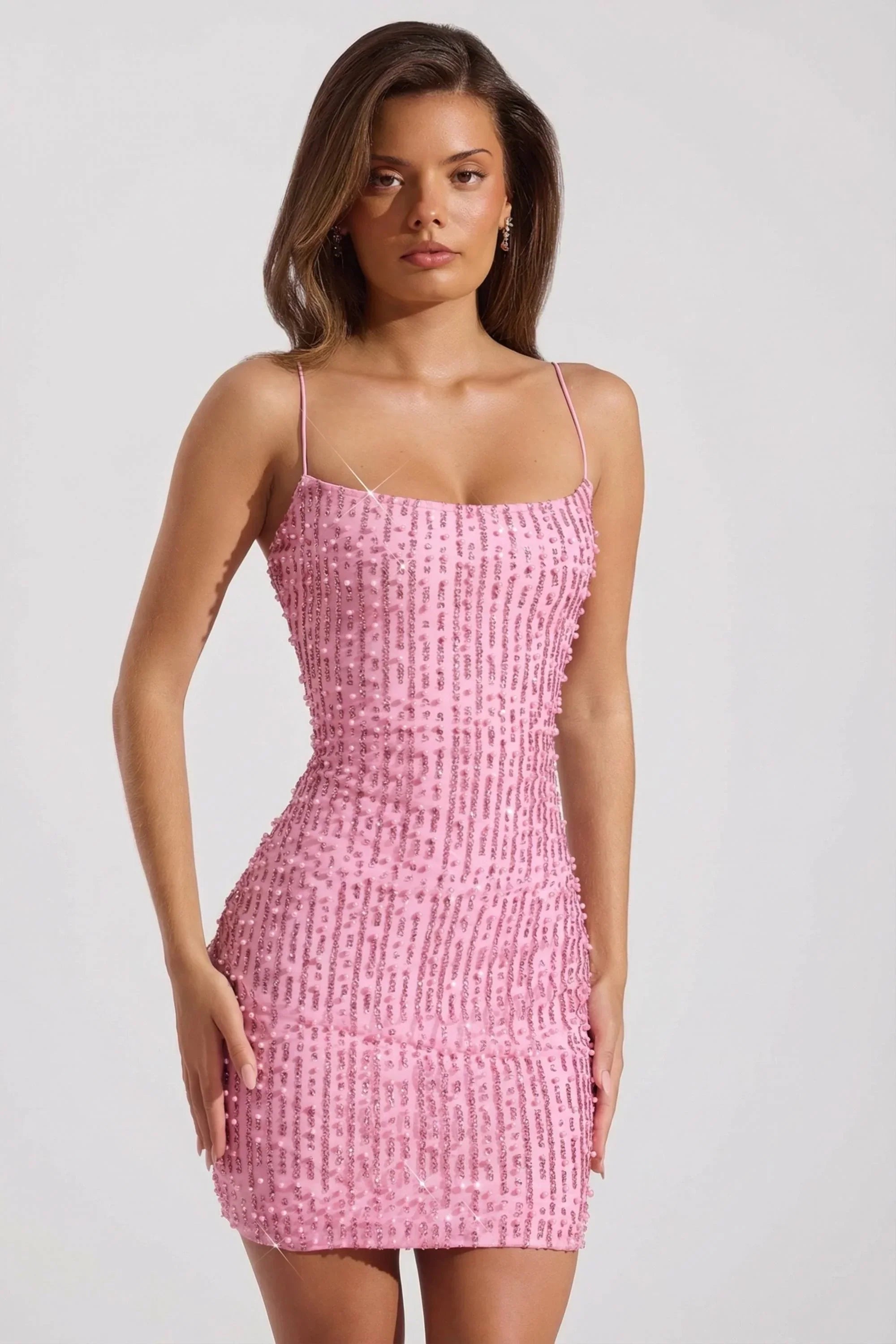 Embellished Scoop Neck Bodycon Mini Dress in Pink