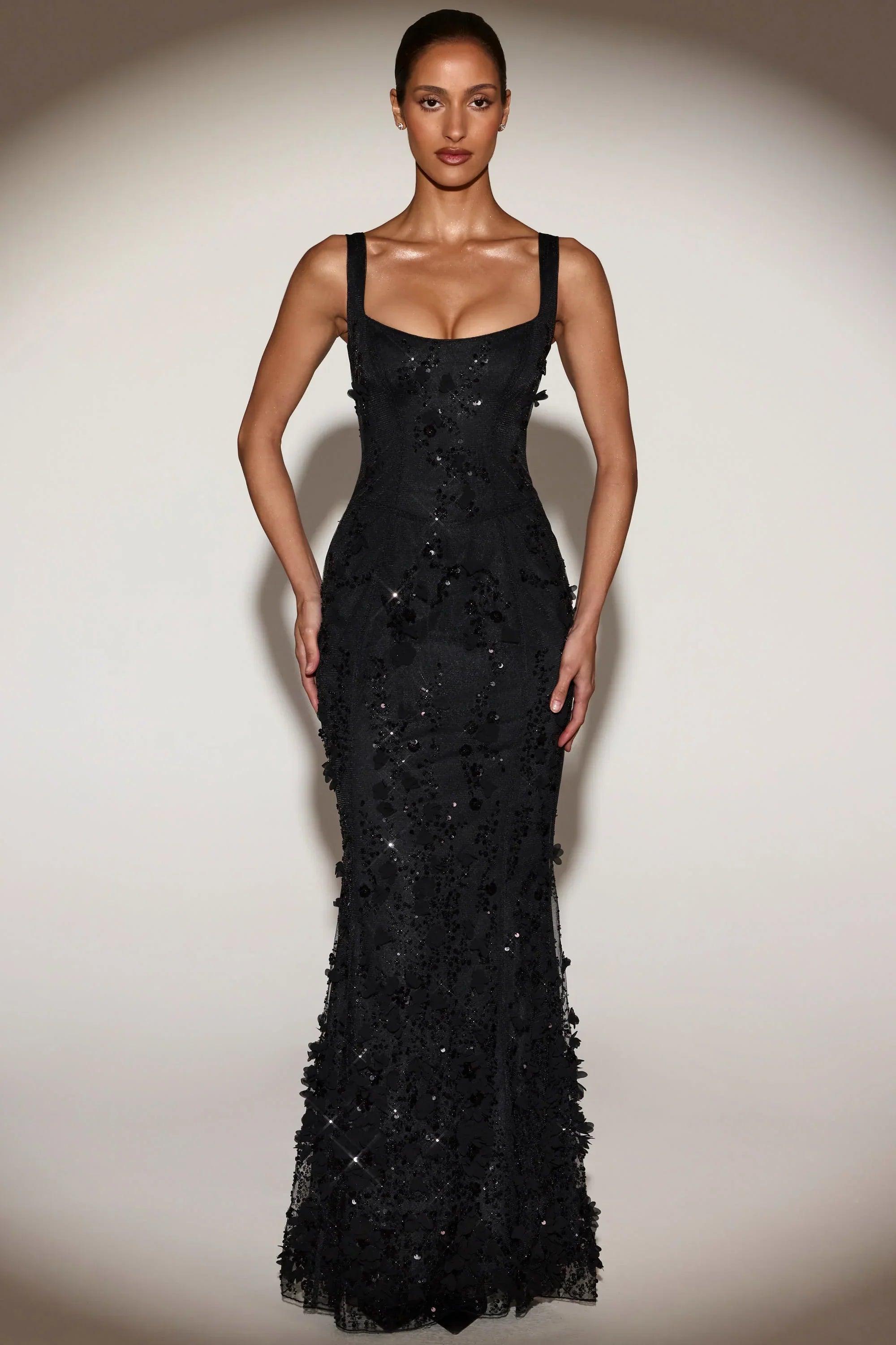 Embellished Appliqué Soft Scoop Corset Gown in Black