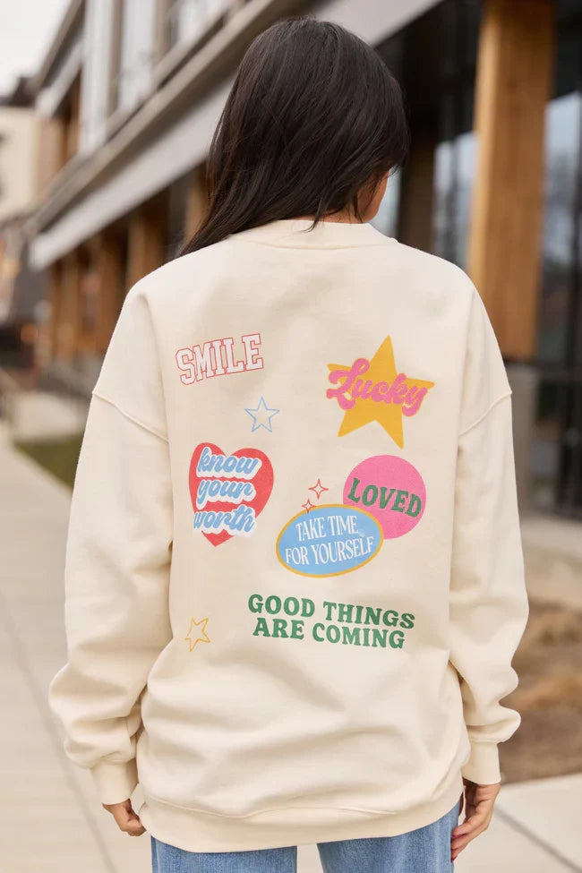 Positive Stickers Cream Graphic Sweatshirt