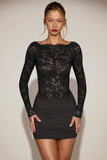 Sheer Lace Boat Neck Mini Dress in Black