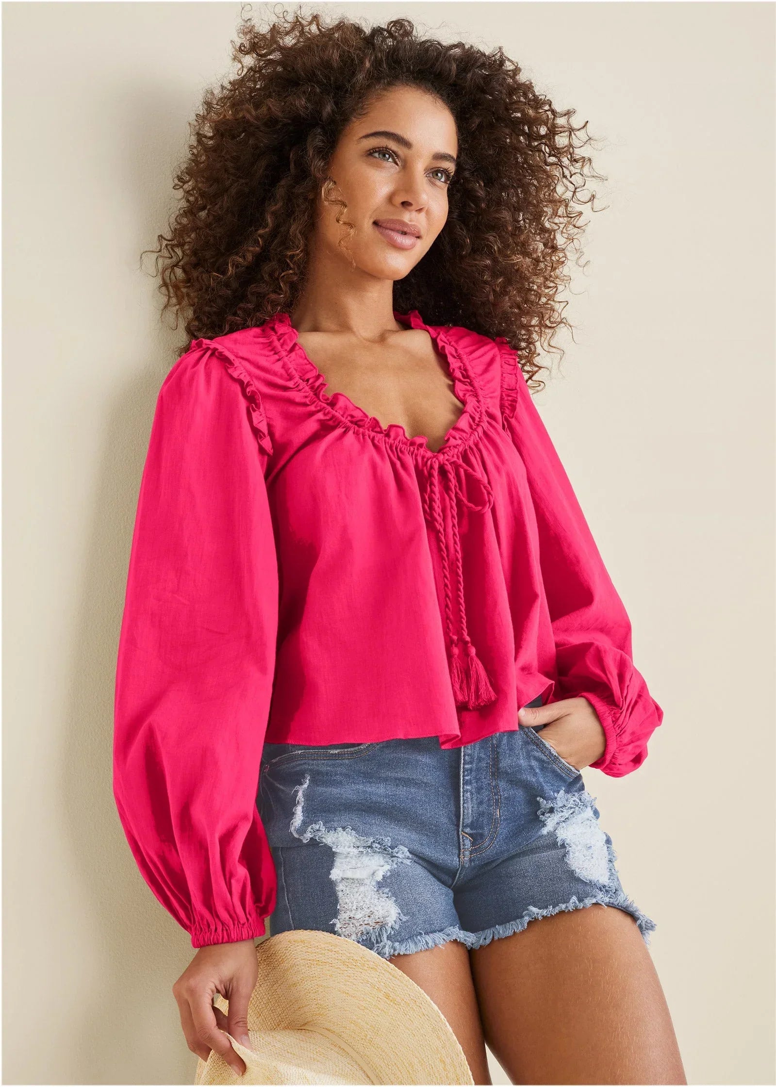 Tassel Long Sleeve Top Dark Pink